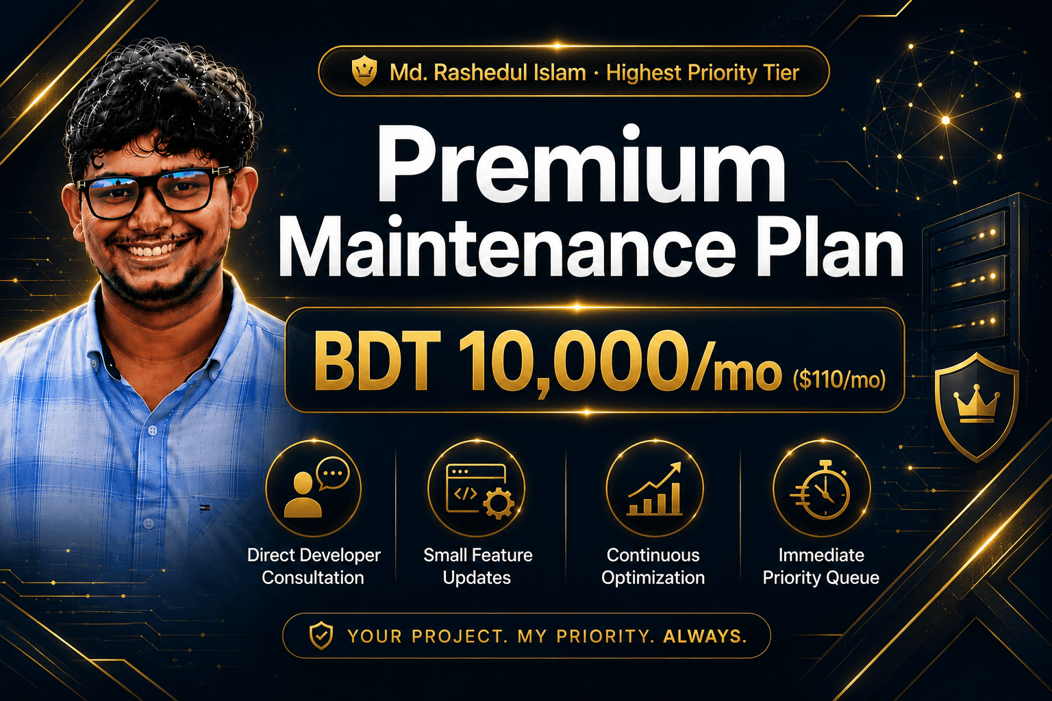 Premium maintenance plan cover banner showing BDT 10,000 per month pricing, direct developer consultation, small feature updates, continuous optimization, and highest priority support queue.