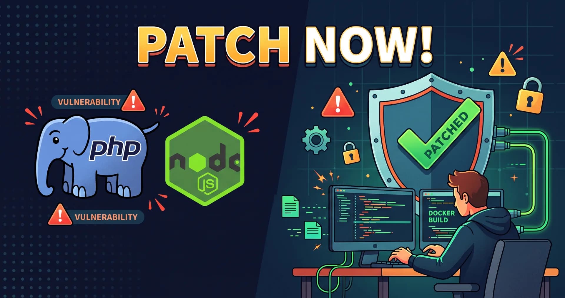 Diagram illustrating PHP2Shell and Node.js vulnerability patching in Docker environments.