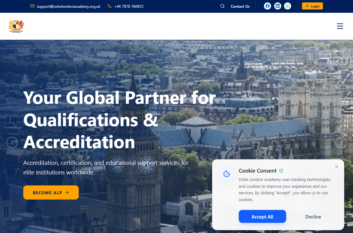 OSHE London Academy online training platform homepage design