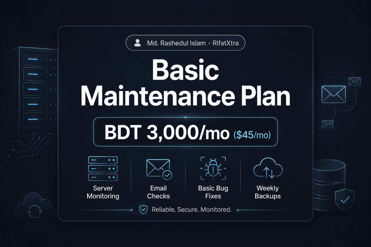 Basic website maintenance plan cover banner displaying BDT 3,000 per month pricing, server monitoring, email checks, basic bug fixes, and weekly backup features.